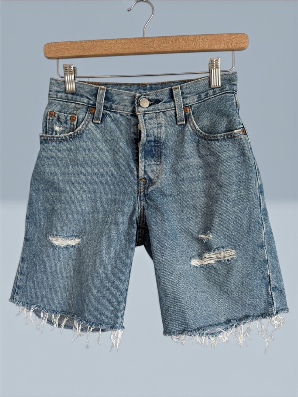Levi's 501 Light Blue Distressed Denim Bermuda Shorts 23